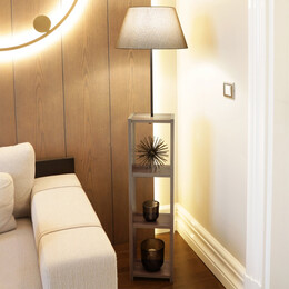 Φωτιστικό Δαπέδου Launo Megapap Υφασμάτινο Pvc/mdf Χρώμα Μπεζ/καρυδί 38x38x150εκ.