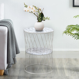 Βοηθητικό Τραπεζάκι Jaspin Megapap Μεταλλικό - mdf Χρώμα Λευκό-Λευκό εφέ Μαρμάρου 32x32x44εκ.