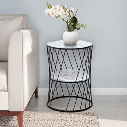 Βοηθητικό Τραπεζάκι Jaspin Megapap Μεταλλικό - mdf Χρώμα Μαύρο-Λευκό εφέ Μαρμάρου 32x32x44εκ.