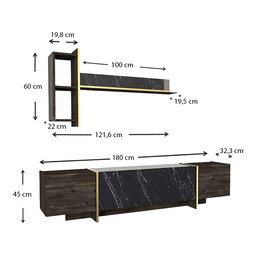 Σύνθεση Τηλεόρασης Veyron Megapap από Μελαμίνη Χρώμα Μαύρο Rebab - Μαύρο εφέ Μαρμάρου 180x33x45εκ.