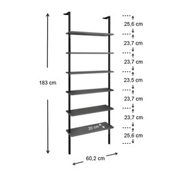 Βιβλιοθήκη Τοίχου Madison Megapap Μεταλλική - Μελαμίνης Χρώμα Μαύρο - Ανθρακί 60x20x183εκ.