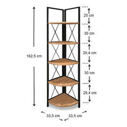 Βιβλιοθήκη Γωνιακή Kelsie Megapap Μεταλλική - Μελαμίνης Χρώμα Μαύρο - Pine oak 33x33x162εκ.