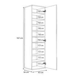 Ντουλάπα Ρούχων - Παπουτσοθήκη Visla Megapap Μονόφυλλη από Μελαμίνη με Καθρέπτη Χρώμα Λευκό 45x36x187εκ.