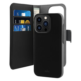 Puro Eco-Leather Case for iPhone 14 Pro Max W/horiz.flip+3 Card Slot+Banknote Pocket+Magn Cover Blac