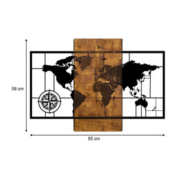 Διακοσμητικό Τοίχου World map Megapap Ξύλινο - Μεταλλικό Χρώμα Καρυδί - Μαύρο 85x3x58εκ.