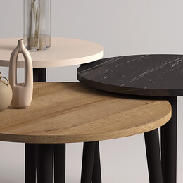 Τραπεζάκι Σαλονιού σετ 3 τμχ Roma Megapap Χρώμα oak - Μαύρο εφέ Μαρμάρου - Κρεμ Φ60x46εκ.