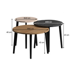 Τραπεζάκι Σαλονιού σετ 3 τμχ Roma Megapap Χρώμα oak - Μαύρο εφέ Μαρμάρου - Κρεμ Φ60x46εκ.