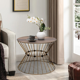 Τραπεζάκι Σαλονιού Girene Megapap Μεταλλικό - mdf Χρώμα Χρυσό - Καρυδί Ø55x42εκ.