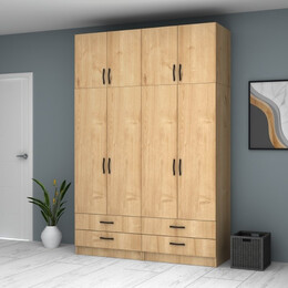 Ντουλάπα Ρούχων Ricardo Megapap Τετράφυλλη με Πατάρι Χρώμα Φυσικό Οξιάς 160x51,8x240εκ.