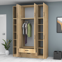 Ντουλάπα Ρούχων Ricardo Megapap Τετράφυλλη με Πατάρι Χρώμα Φυσικό Οξιάς 160x51,8x240εκ.