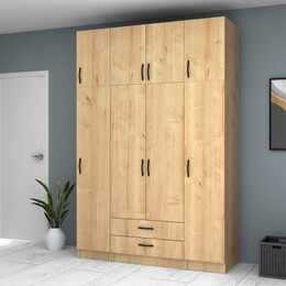 Ντουλάπα Ρούχων Ricardo Megapap Τετράφυλλη με Πατάρι Χρώμα Φυσικό Οξιάς 160x51,8x240εκ.