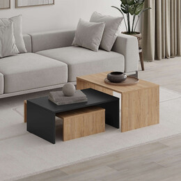 Τραπεζάκι Σαλονιού σετ 3 Τμχ. Kanta Megapap Χρώμα Sapphire oak - Silky Black 80x50x40,5εκ.