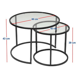 Τραπεζάκι Σαλονιού σετ 2 τμχ Vetro Megapap Μέταλλο - Γυαλί Χρώμα Μαύρο Ø60x43εκ.