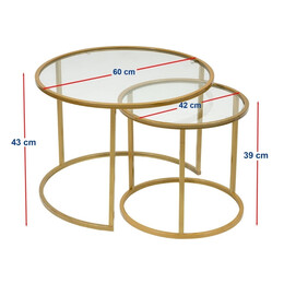 Τραπεζάκι Σαλονιού σετ 2 τμχ Vetro Megapap Μέταλλο - Γυαλί Χρώμα Χρυσό Ø60x43εκ.