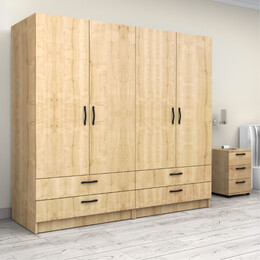 Ντουλάπα Ρούχων Victoria Megapap Τετράφυλλη με Συρτάρια Χρώμα Φυσικό Οξιάς 200x60x181εκ.