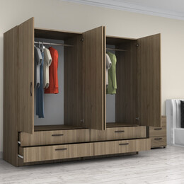 Ντουλάπα Ρούχων Victoria Megapap Τετράφυλλη με Συρτάρια Χρώμα Καρυδί 200x60x181εκ.