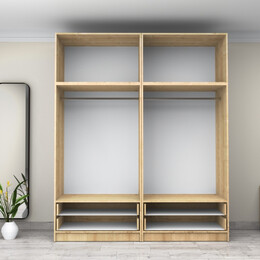 Ντουλάπα Ρούχων Victoria Megapap Τετράφυλλη με Πατάρι και Συρτάρια Χρώμα Φυσικό Οξιάς 200x60x240εκ.