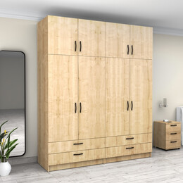 Ντουλάπα Ρούχων Victoria Megapap Τετράφυλλη με Πατάρι και Συρτάρια Χρώμα Φυσικό Οξιάς 200x60x240εκ.