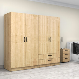 Ντουλάπα Ρούχων Victoria Megapap Τετράφυλλη με Συρτάρια Χρώμα Φυσικό Οξιάς 200x60x181εκ.
