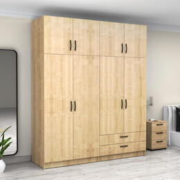 Ντουλάπα Ρούχων Victoria Megapap Τετράφυλλη με Πατάρι και Συρτάρια Χρώμα Φυσικό Οξιάς 200x60x240εκ.