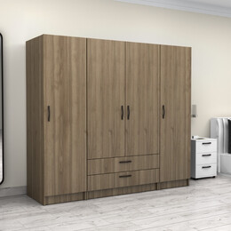 Ντουλάπα Ρούχων Victoria Megapap Τετράφυλλη με Συρτάρια Χρώμα Καρυδί 200x60x181εκ.