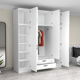 Ντουλάπα Ρούχων Victoria Megapap Τετράφυλλη με Πατάρι και Συρτάρια Χρώμα Λευκό 200x60x240εκ.