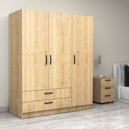 Ντουλάπα Ρούχων Victoria Megapap Τρίφυλλη με Συρτάρια Χρώμα Φυσικό Οξιάς 150x60x181εκ.