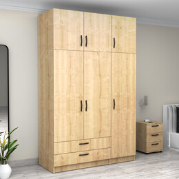 Ντουλάπα Ρούχων Victoria Megapap Τρίφυλλη με Πατάρι και Συρτάρια Χρώμα Φυσικό Οξιάς 150x60x240εκ.