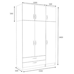 Ντουλάπα Ρούχων Victoria Megapap Τρίφυλλη με Πατάρι και Συρτάρια Χρώμα Φυσικό Οξιάς 150x60x240εκ.