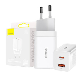 Baseus Γρήγορος Φορτιστής Super si pro  usb + usb-c 30w (Λευκό)