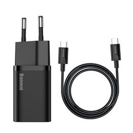 Baseus Φορτιστής Super si 1c 25w με Καλώδιο usb-c και Θύρα usb-c 1m (Μαύρο)