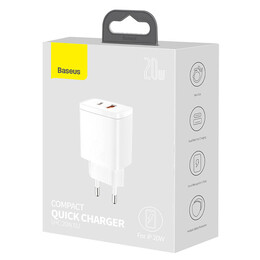 Baseus Φορτιστής Compact Quick Charger Usb, usb-c 20w (Λευκό)