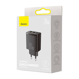 Baseus Φορτιστής Compact Quick Charger 2xusb, usb-c, pd, 3a, 30w (Μαύρο)