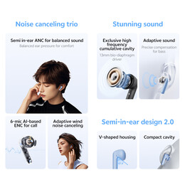 QCY AilyBuds E20 Clear Blue- Hybrid ANC Semi-Ear TWS earbuds 6mics 13mm driver IPX4 BT5.4 35h