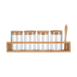 Estia Δοχεια Μπαχαρικων Γυαλινα σετ 5 τεμ 27x6.5x12.5cm με Βαση Bamboo και Κουταλι