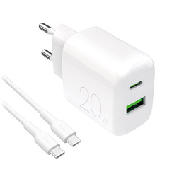 Puro Power Kit: Wall Charger PRO LITE 20W + Cable USB-C to USB-C, 1,2m, White