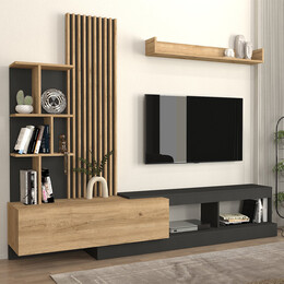 Σύνθεση Τηλεόρασης Vermont Megapap Χρώμα Ανθρακί - Sepet oak 240x40x192εκ.