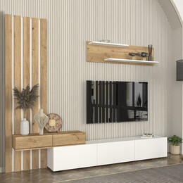 Σύνθεση Τηλεόρασης Rosaline Megapap Χρώμα Λευκό - Sepet oak 233x31,3x196,8εκ.