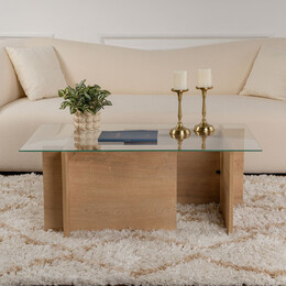 Τραπεζάκι Σαλονιού Vetrino Megapap Γυάλινο Χρώμα Honey oak 105x65x40εκ.