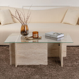 Τραπεζάκι Σαλονιού Vetrino Megapap Γυάλινο Χρώμα Travertine 105x65x40εκ.