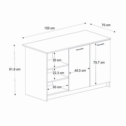 Τραπέζι - Πάγκος Κουζίνας Peres Megapap Χρώμα Λευκό - Sepet oak 150x70x91,8εκ.
