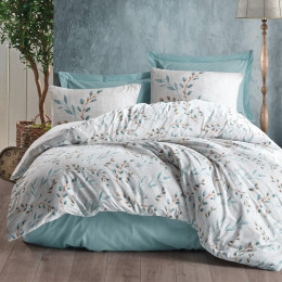 Σετ Παπλωματοθήκη Lendell Cotton box 3 τμχ Μονή (160x220) Χρώμα Μέντα - Λευκό