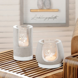 Κηροπήγιο ArteLibre Με Διακόσμηση Καρδιές Γκρι/Διάφανο Γυαλί/Τσιμένο Φ7x12cm