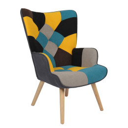 Πολυθρόνα ArteLibre BRIAR Κίτρινο/Μπλε Patchwork Ύφασμα/Ξύλο 73x69x96cm