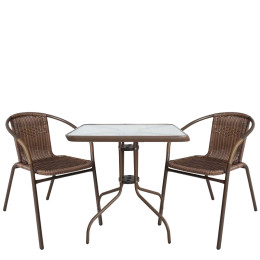 Σετ Τραπεζαρία Κήπου ArteLibre MARS Καφέ Μέταλλο/Rattan/Γυαλί Με 2 Πολυθρόνες 14990485