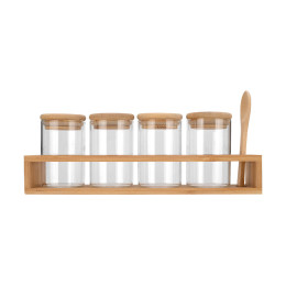 Estia Δοχεια Μπαχαρικων Γυαλινα σετ 5 τεμ 27x6.5x12.5cm με Βαση Bamboo και Κουταλι