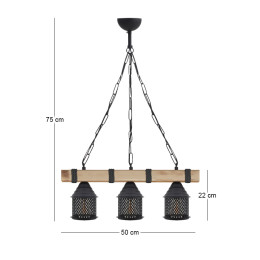 Φωτιστικό Οροφής Elora Megapap e27 Ξύλινο - Μεταλλικό Τρίφωτο Χρώμα Φυσικό - Μαύρο 50x13x75εκ.