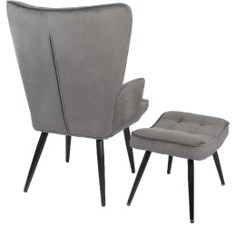 Πολυθρόνα Μπερζέρα Με Υποπόδιο ArteLibre LENNOX Γκρι Βελούδο/Ξύλο 96x68x73cm