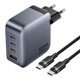 Vention 4-Port usb (c + c + c + a) gan Charger (100w/100w/30w/30w) Gray With usb-c to usb-c Cable (1m) Black eu-Plug (tz-Feth0-eu) (Ventz-Feth0-eu)
