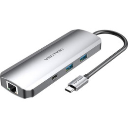 Vention Multi-Function usb-c to Hdmi/usb-c gen 1/usb3.0x2/rj45/sd/tf/trrs 3.5mm/pd Docking Station 0.15m Gray Aluminum Alloy Type (Tomhb) (Ventomhb)